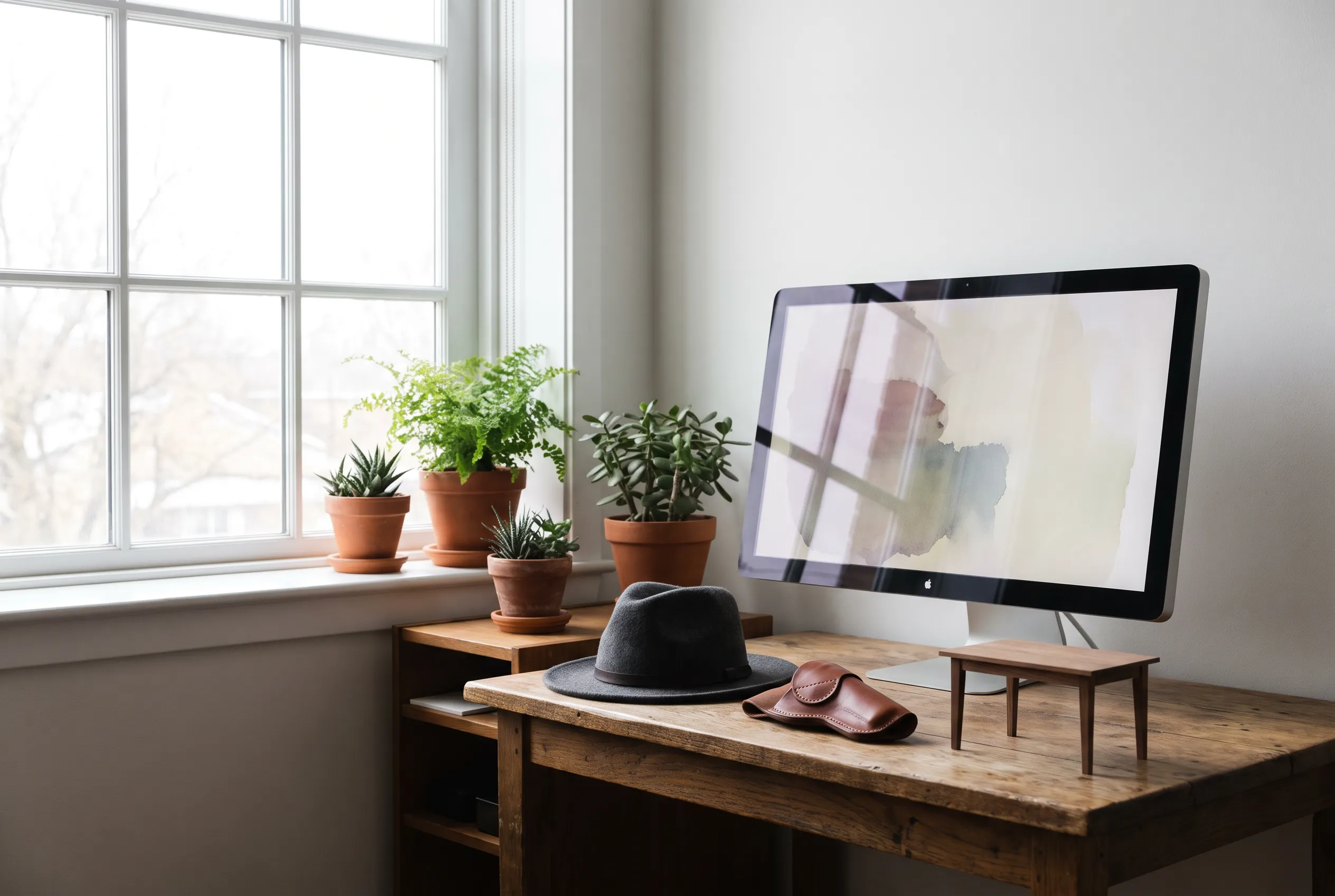 A workbench with a felt hat, a table sample and a screen showing a 3D model.