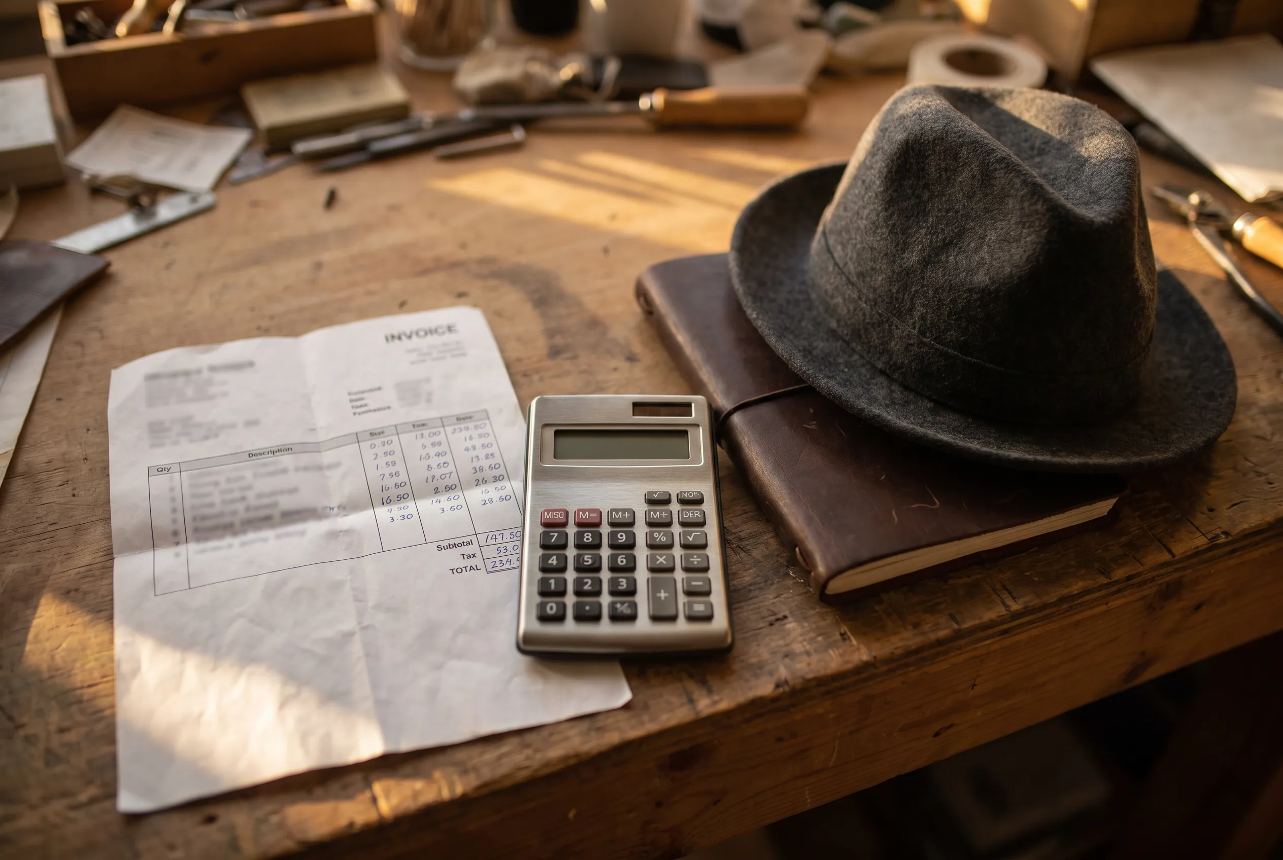 A person at a wooden workbench reading a printed invoice, a finished hat resting beside them, warm afternoon light.