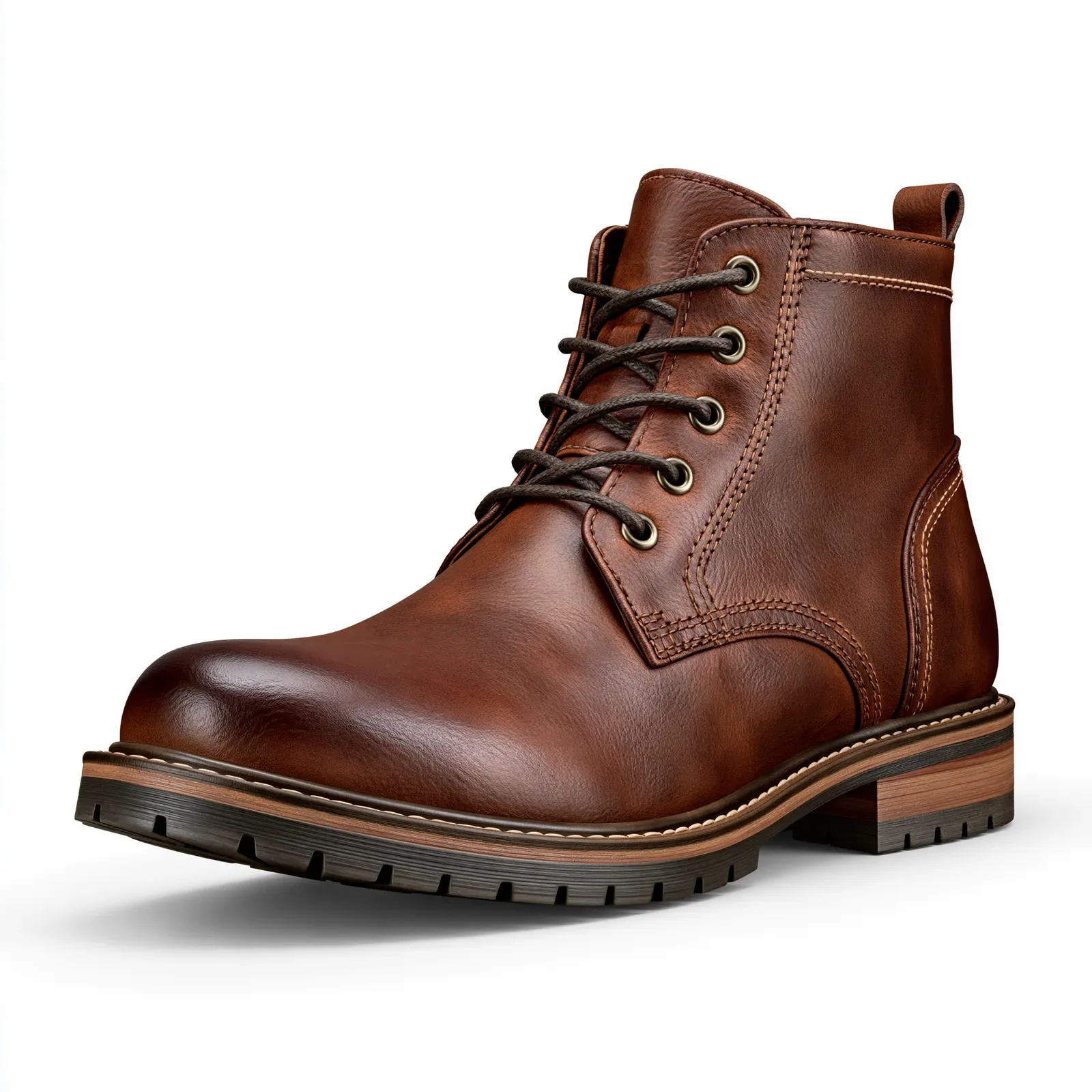 A tall leather boot rendered in a neutral studio, brown leather with a stitched welt.
