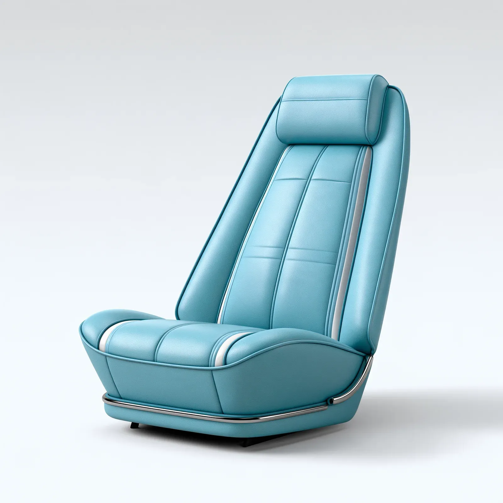 A classic bucket seat rendered in a neutral studio, light blue leather with white piping.