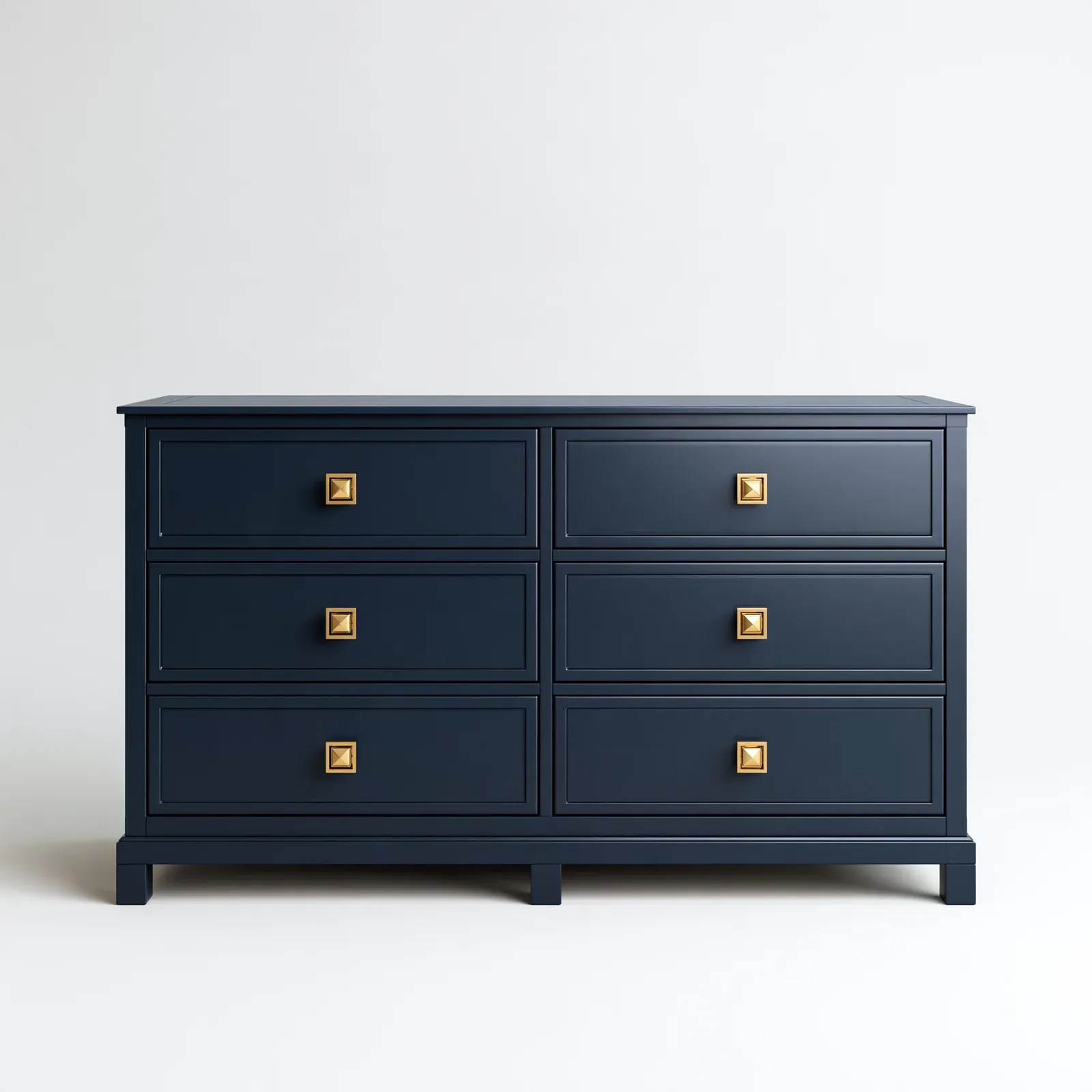 A navy six-drawer dresser rendered in a neutral studio, brass pulls and tapered legs.