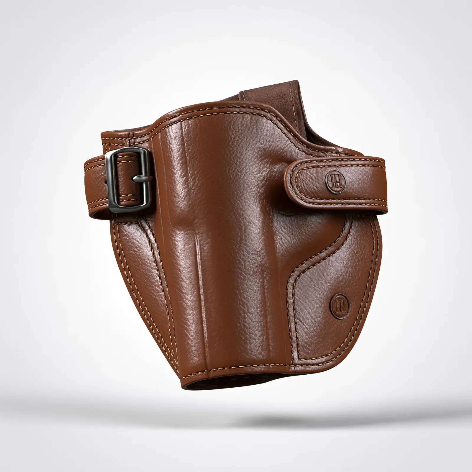 A leather holster with visible stitching, studio lit.