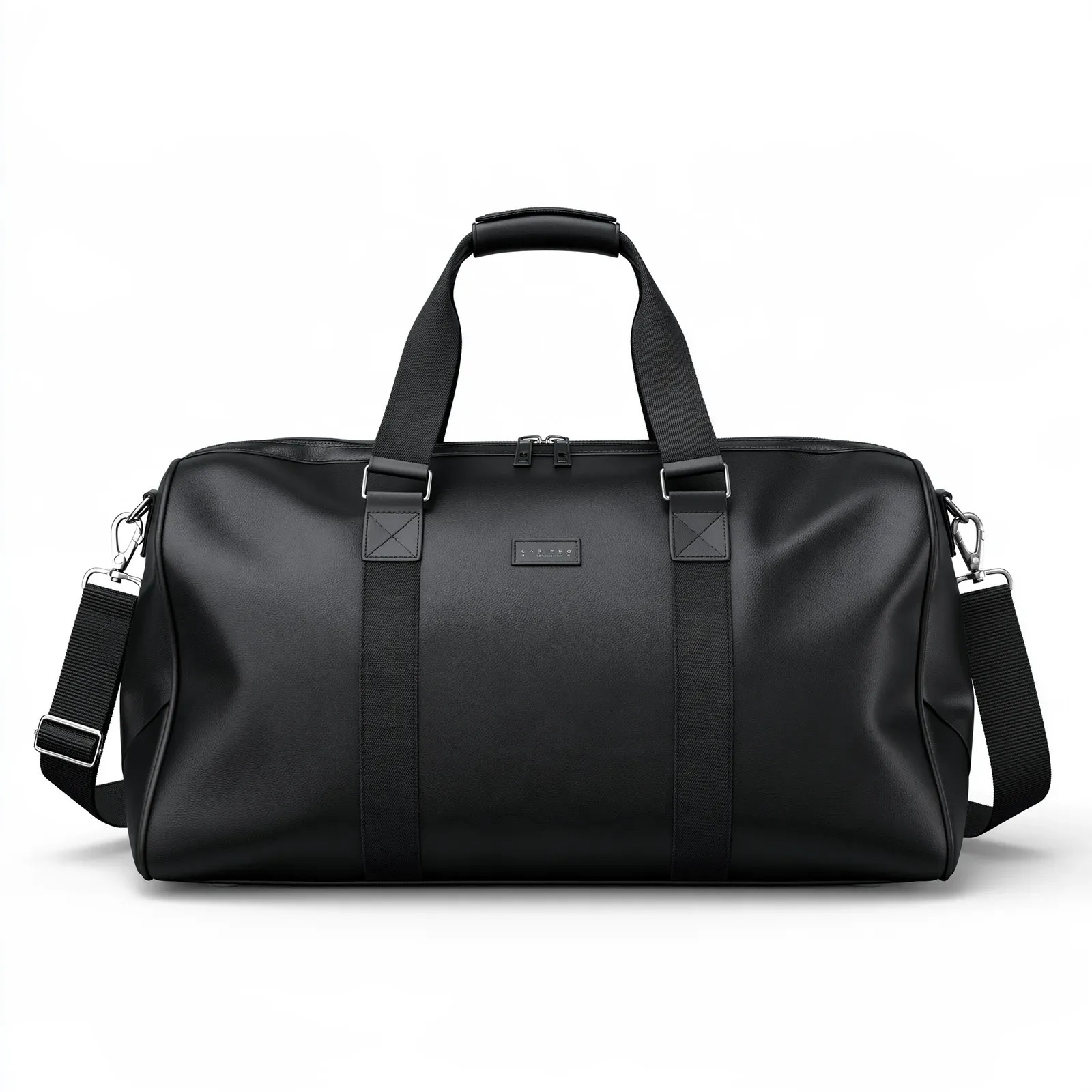 An overnight bag with leather trim, studio lit.