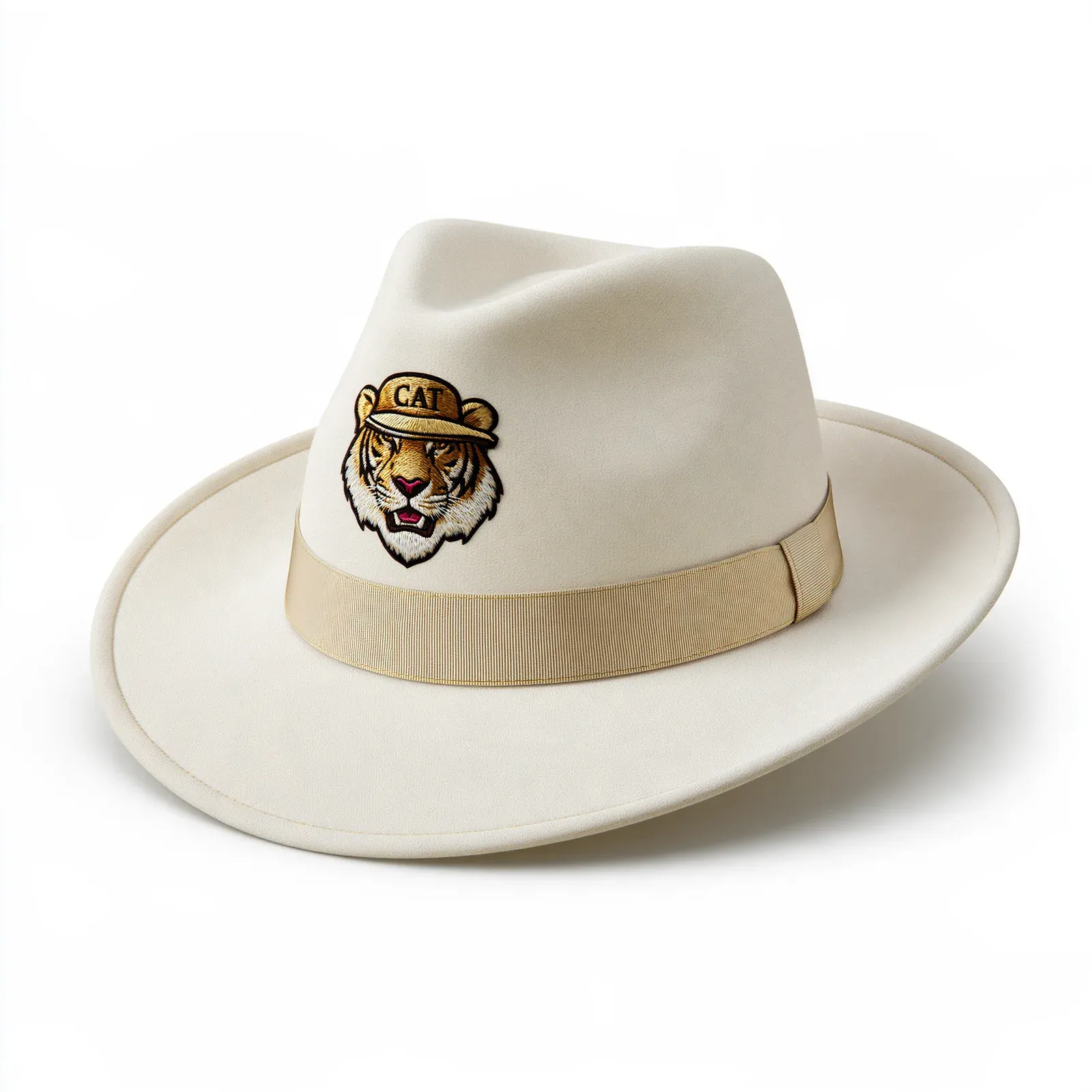 A white fedora rendered in a neutral studio, felt crown with a matching ribbon.